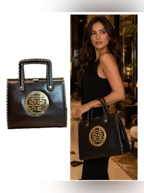 1960'S DOUBLE HAPPINESS TOP HANDLE BAG CHINESE MEDALLION Dark brown gold vintage